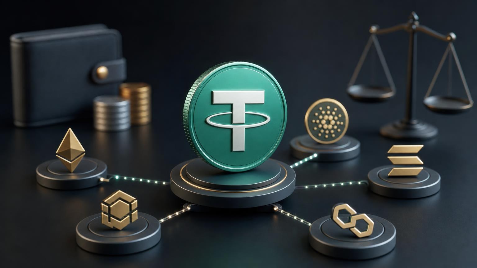 USDT tokens moving through different blockchain networks with separate fee paths, confirmations, and transaction records