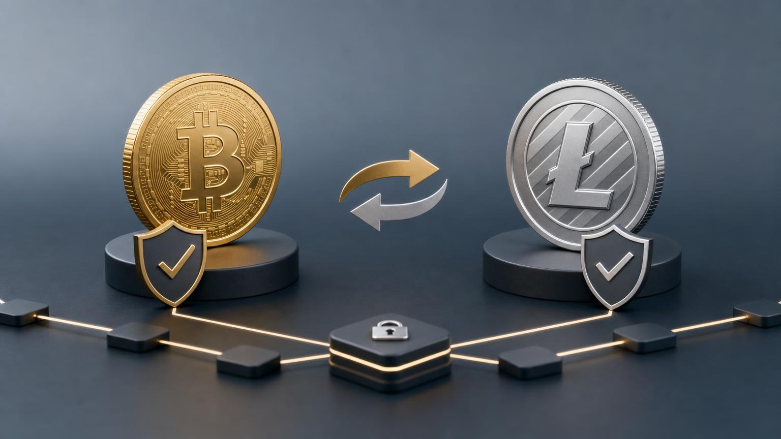 A BTC-to-LTC exchange screen beside a wallet, with deposit address, receiving address, amount, network, and transaction status checks highlighted